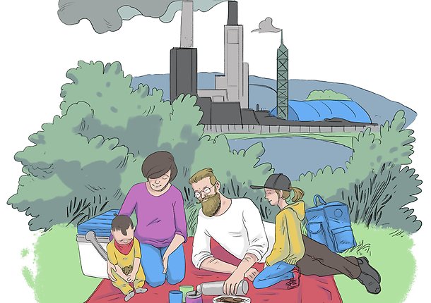 Tecknad bild på en familj som har picknick i parken framför en industri