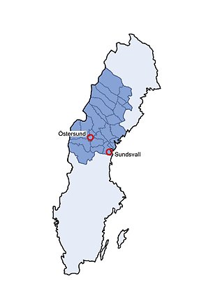 Sverigekarte med området för Räddningsregion MittNorrland markerat.
