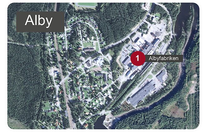 Bilden visar var Albyfabriken ligger, det hanteras stora mängder farliga ämnen. Nummer 1.